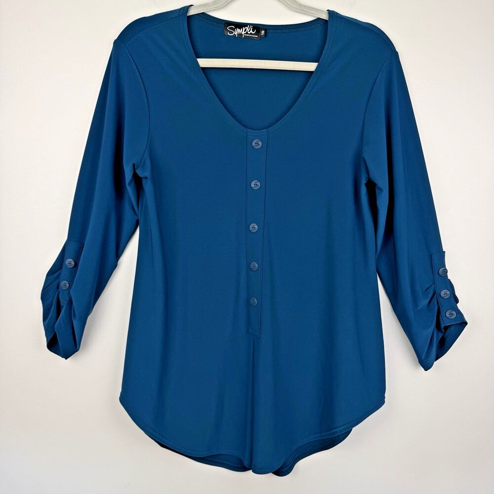 Sympli Tunic Top Women's Size 10 Teal Modern Boxy Lagenlook Minimalist Career